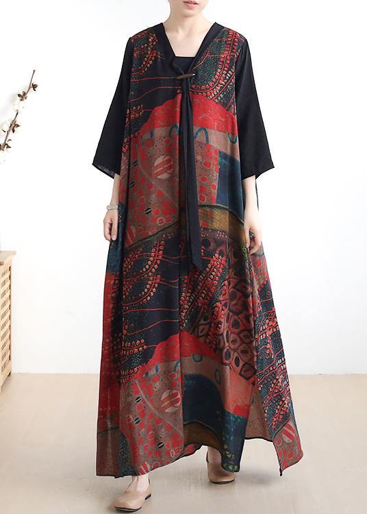 Simple v neck half sleeve chiffon summer Robes Fine Wardrobes red print A Line Dress - SooLinen