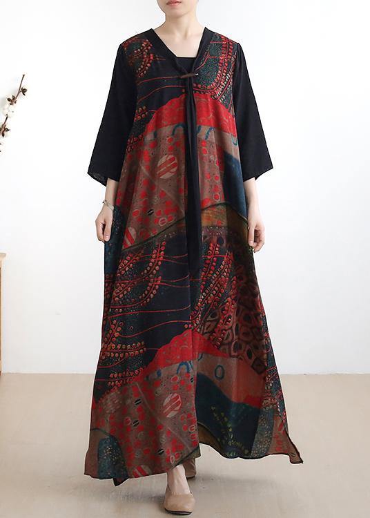 Simple v neck half sleeve chiffon summer Robes Fine Wardrobes red print A Line Dress - SooLinen