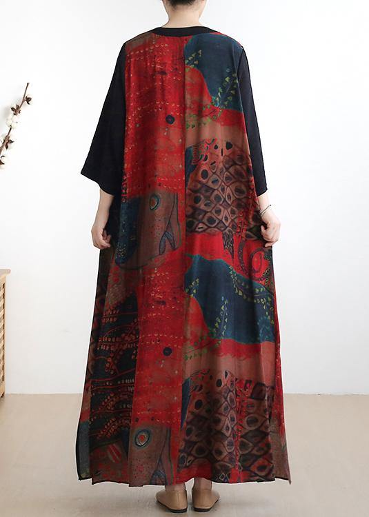 Simple v neck half sleeve chiffon summer Robes Fine Wardrobes red print A Line Dress - SooLinen