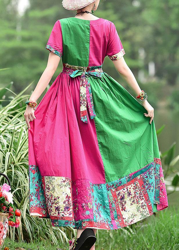 Simple v neck patchwork cotton dresses Shape red green print cotton Dresses summer - SooLinen