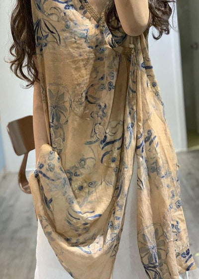 Simple v neck prints linen clothes side open loose Dress - SooLinen