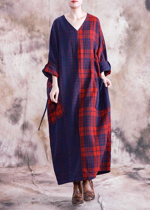 Simple v neck tie waist linen cotton dress linen red plaid Dresses fall - SooLinen