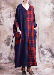 Simple v neck tie waist linen cotton dress linen red plaid Dresses fall - SooLinen