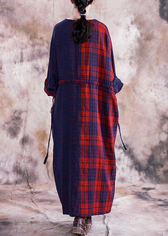 Simple v neck tie waist linen cotton dress linen red plaid Dresses fall - SooLinen