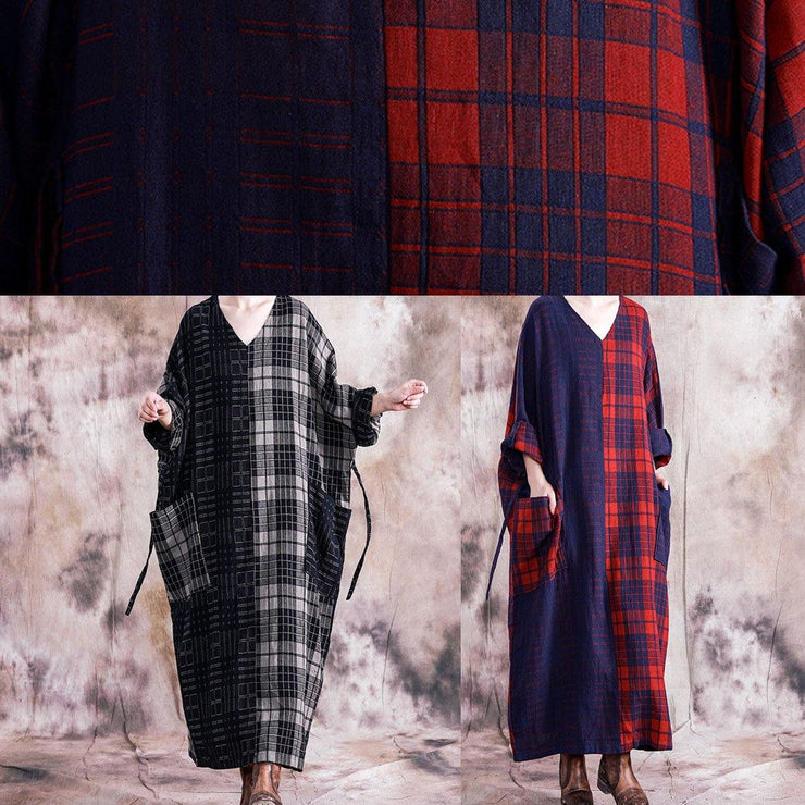 Simple v neck tie waist linen cotton dress linen red plaid Dresses fall - SooLinen