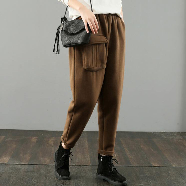 Simple women trousers Thin chocolate Fabrics pockets harem pants wild pants - SooLinen