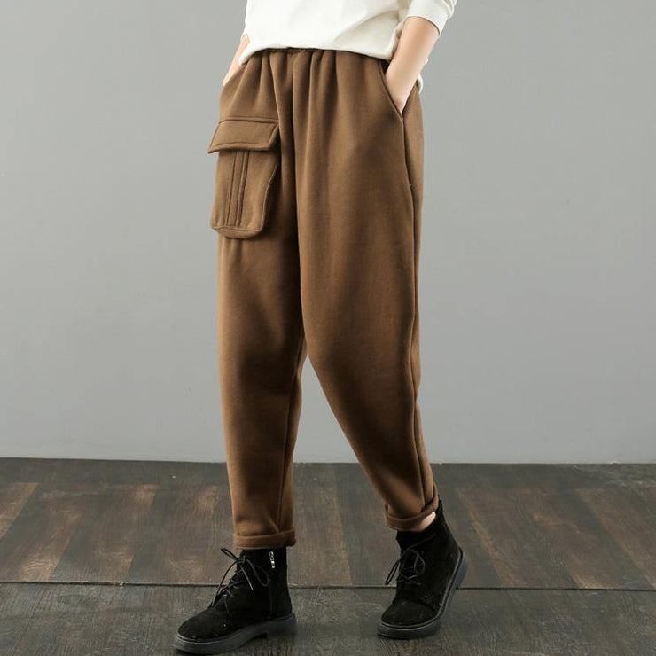 Simple women trousers Thin chocolate Fabrics pockets harem pants wild pants - SooLinen