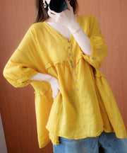 Simple yellow Tunic v neck lantern sleeve Plus Size Clothing blouse - SooLinen