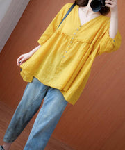 Simple yellow Tunic v neck lantern sleeve Plus Size Clothing blouse - SooLinen