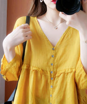 Simple yellow Tunic v neck lantern sleeve Plus Size Clothing blouse - SooLinen