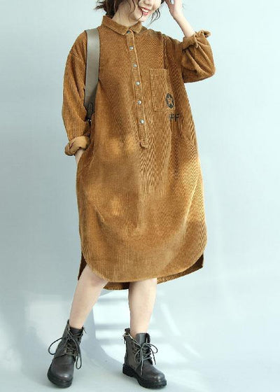 Simple yellow corduroy Tunic side open Knee fall Dresses - SooLinen