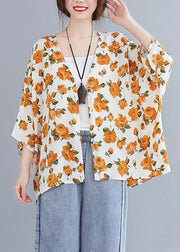 Simple yellow print top v neck Batwing Sleeve blouses - SooLinen