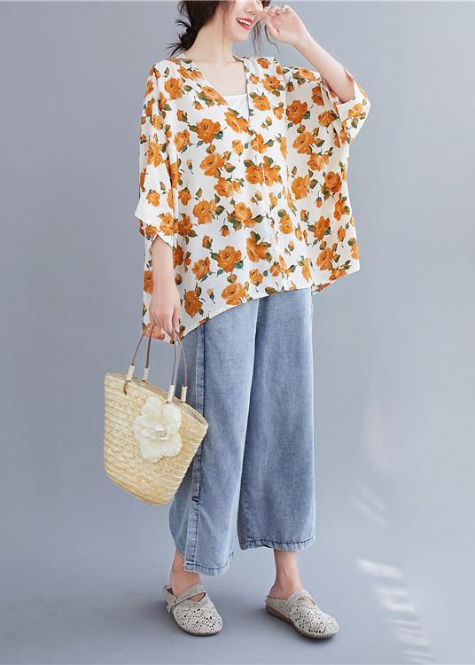 Simple yellow print top v neck Batwing Sleeve blouses - SooLinen