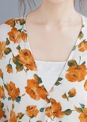 Simple yellow print top v neck Batwing Sleeve blouses - SooLinen