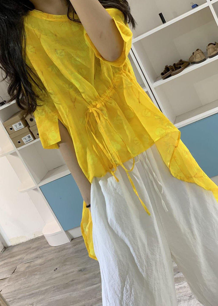 Simple yellow prints linen Long Shirts low high design box summer blouses - SooLinen