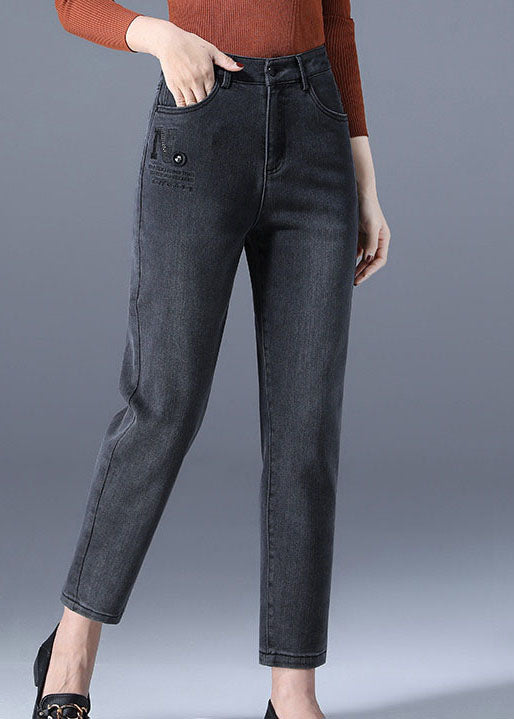 Slim Fit Black High Waist Zip Up Pockets Wrap Cotton Denim Pants Summer