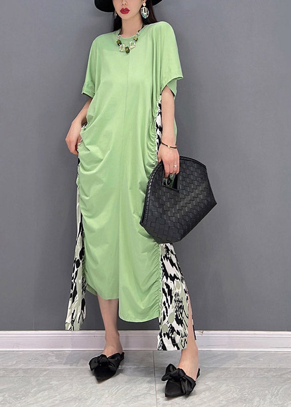 Slim Fit Green O-Neck Asymmetrical Patchwork Wrinkled Chiffon Dress Short Sleeve