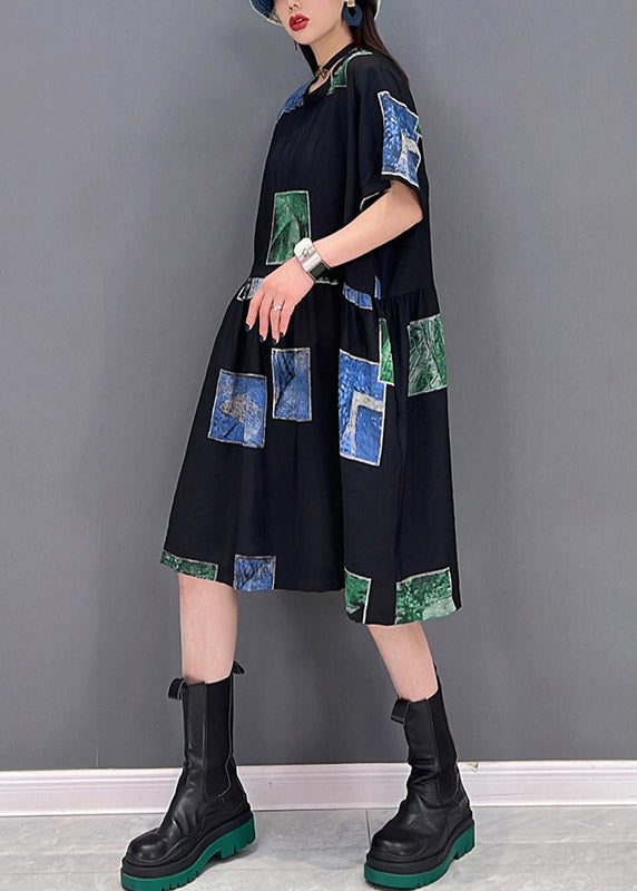 Slim Fit Green O-Neck Asymmetrical Print Wrinkled Pockets Dress Short Sleeve