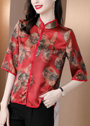 Slim Fit Red Stand Collar Button Print Silk Shirts Half Sleeve