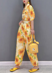 Slim Fit Yellow Peter Pan Collar Button Pockets Floral Print Overalls Jumpsuit Short Sleeve