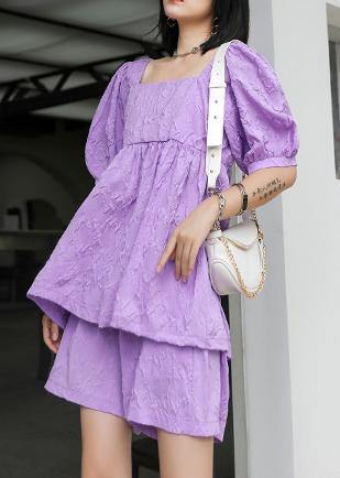 Slimming suit new large size bubble sleeve purple shirt shorts two-piece suit - SooLinen