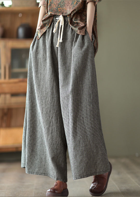 Small Plaid Loose Linen Wide Leg Pants Drawstring Summer