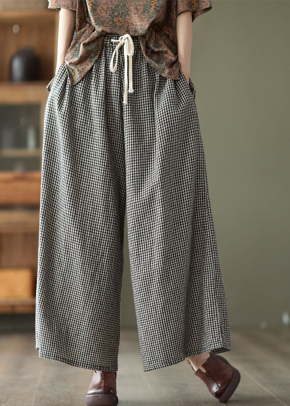 Small Plaid Loose Linen Wide Leg Pants Drawstring Summer