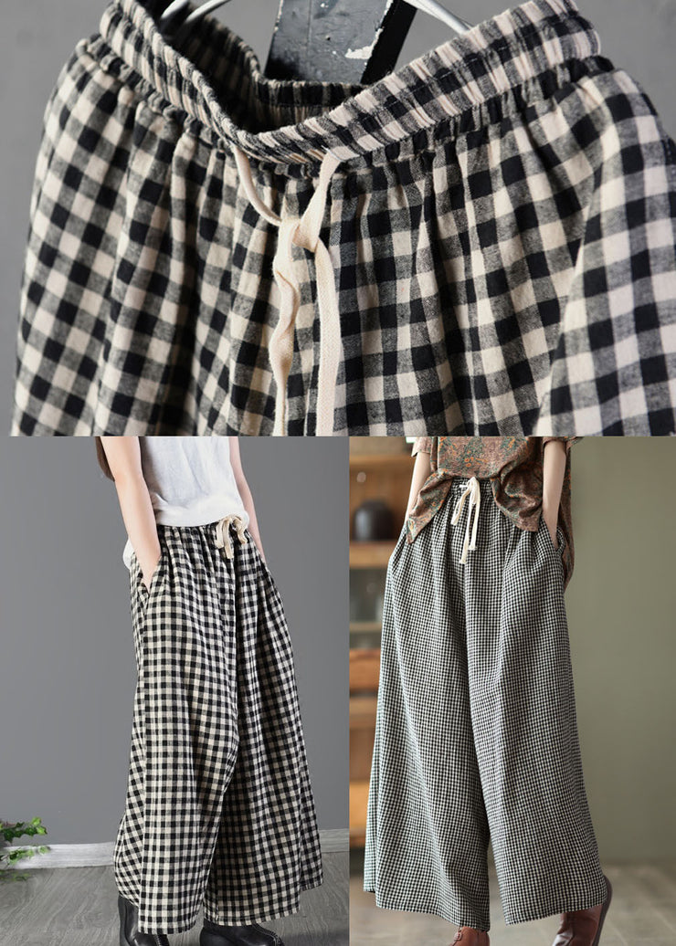 Small Plaid Loose Linen Wide Leg Pants Drawstring Summer