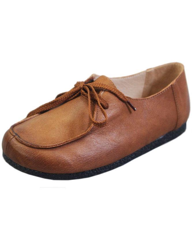 Soft Flat Shoes Brown Cowhide Leather Loafers For Women - SooLinen