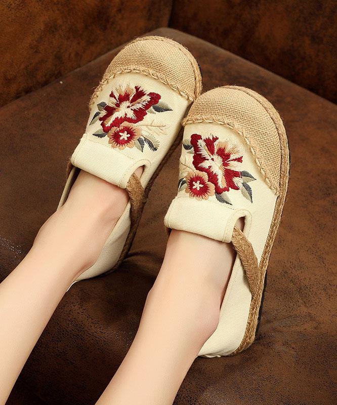 Soft Splicing Flats Black Cotton Linen Fabric Embroideried Flats Shoes - SooLinen