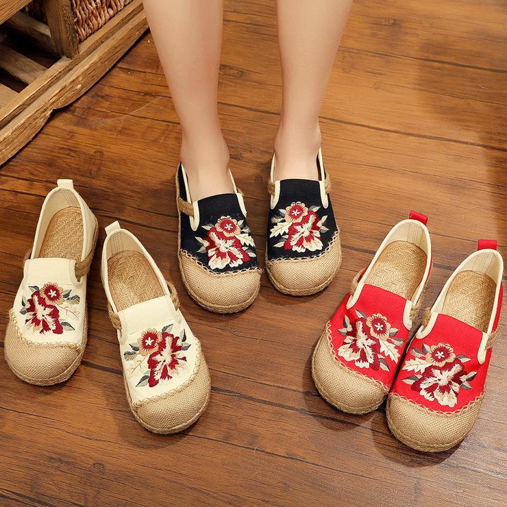 Soft Splicing Flats Black Cotton Linen Fabric Embroideried Flats Shoes - SooLinen