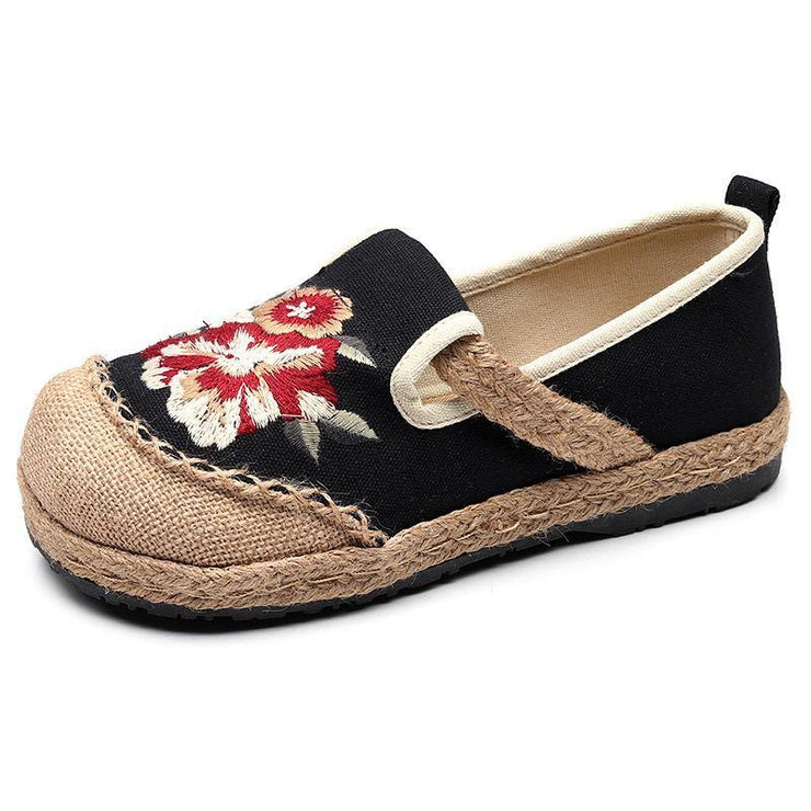 Soft Splicing Flats Black Cotton Linen Fabric Embroideried Flats Shoes - SooLinen