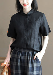 Solid Black Pocket Linen Loose Shirt Tops Peter Pan Collar Half Sleeve