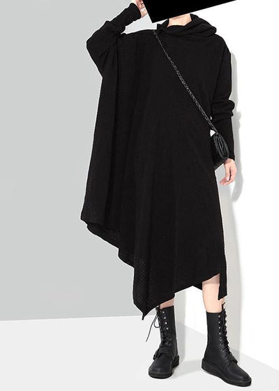 Solid Black Woman Winter Asymmetric Knitted Sweater Dress - SooLinen