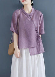 Solid Purple Patchwork Shirt Top Chinese Style Button Half Sleeve