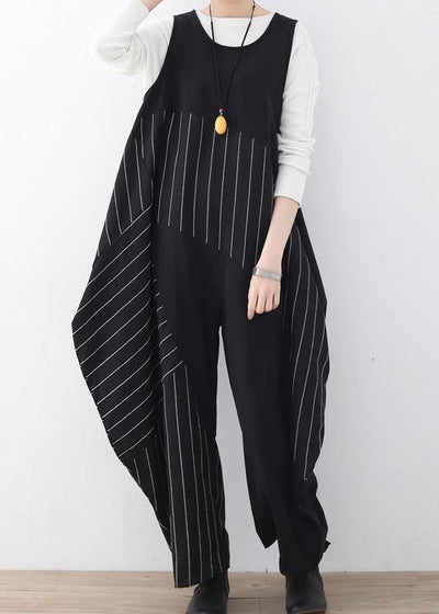 Spring  Summer Cotton Hemp Women Oversized Asymmetric Striped Jumpsuit - SooLinen