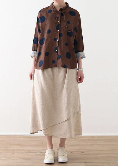 Spring Coffee Dot Contrast Linen Blouse - SooLinen