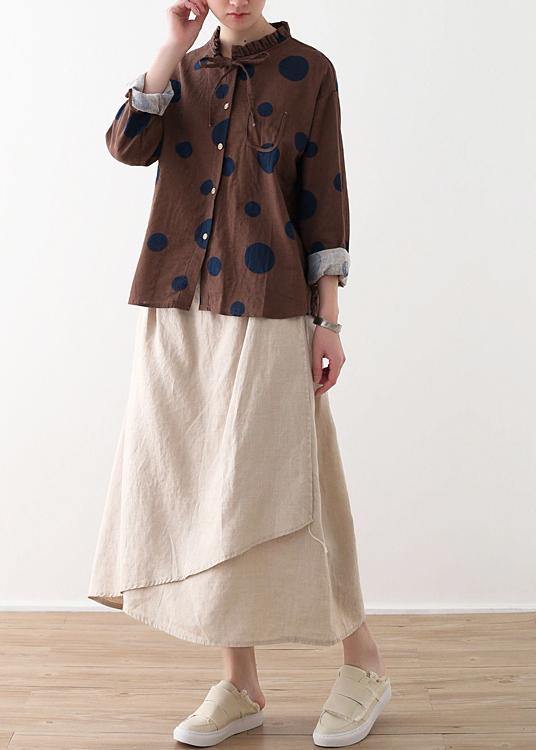 Spring Coffee Dot Contrast Linen Blouse - SooLinen