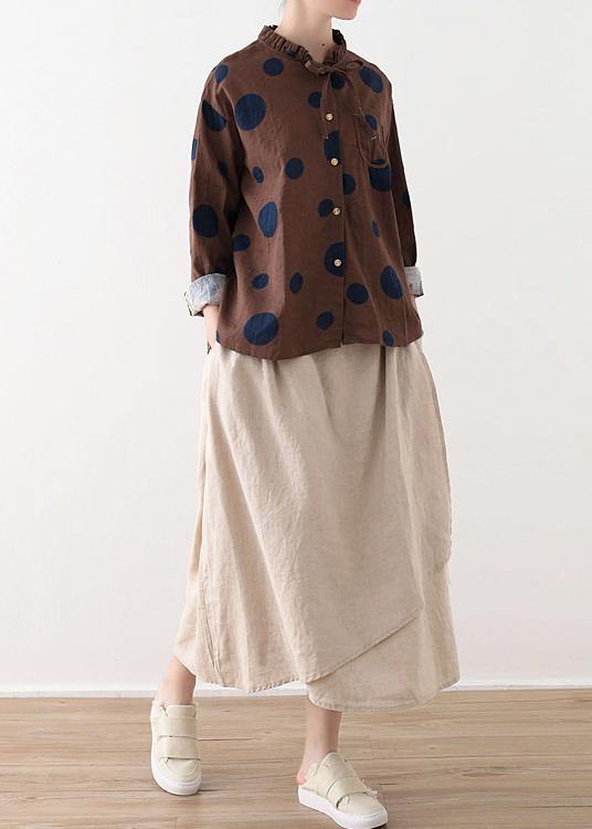 Spring Coffee Dot Contrast Linen Blouse - SooLinen