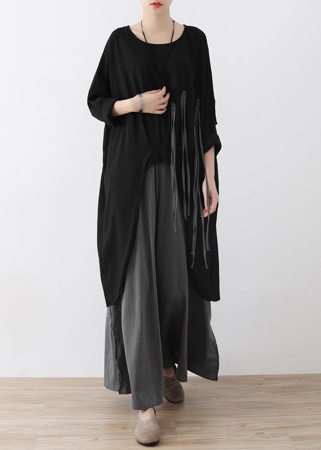 Spring Linen Black Loose Large Asymmetrical Embroidered Top - SooLinen