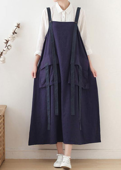 Spring Summer Cotton Skirt Blue Loose Large Sleeveless Dress - SooLinen