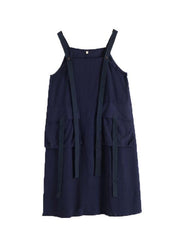 Spring Summer Cotton Skirt Blue Loose Large Sleeveless Dress - SooLinen