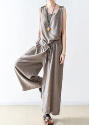 Spring Women Cotton Hemp Loose Wide Leg Jumpsuit Casual Pants - SooLinen