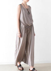 Spring Women Cotton Hemp Loose Wide Leg Jumpsuit Casual Pants - SooLinen