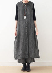 Spring cotton and linen art fresh gray striped two-piece suit cardigan wide leg pants - SooLinen