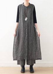 Spring cotton and linen art fresh gray striped two-piece suit cardigan wide leg pants - SooLinen