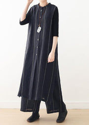 Spring cotton and linen art fresh gray striped two-piece suit cardigan wide leg pants - SooLinen