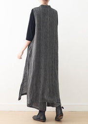 Spring cotton and linen art fresh gray striped two-piece suit cardigan wide leg pants - SooLinen