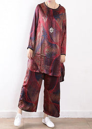 Spring loose plus size silk chiffon wide-leg pants red print two-piece suit - SooLinen