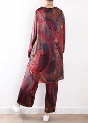 Spring loose plus size silk chiffon wide-leg pants red print two-piece suit - SooLinen